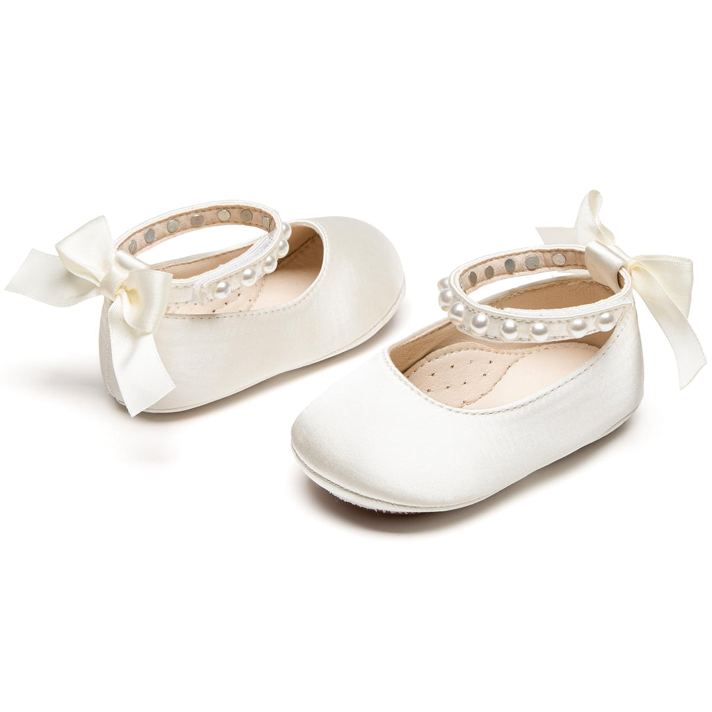 PHIRAMIN Baby Girls Satin Ivory White Mary Jane Flats - Infant 12-18 Months Walking Shoes Soft Rubber Sole Princess Wedding
