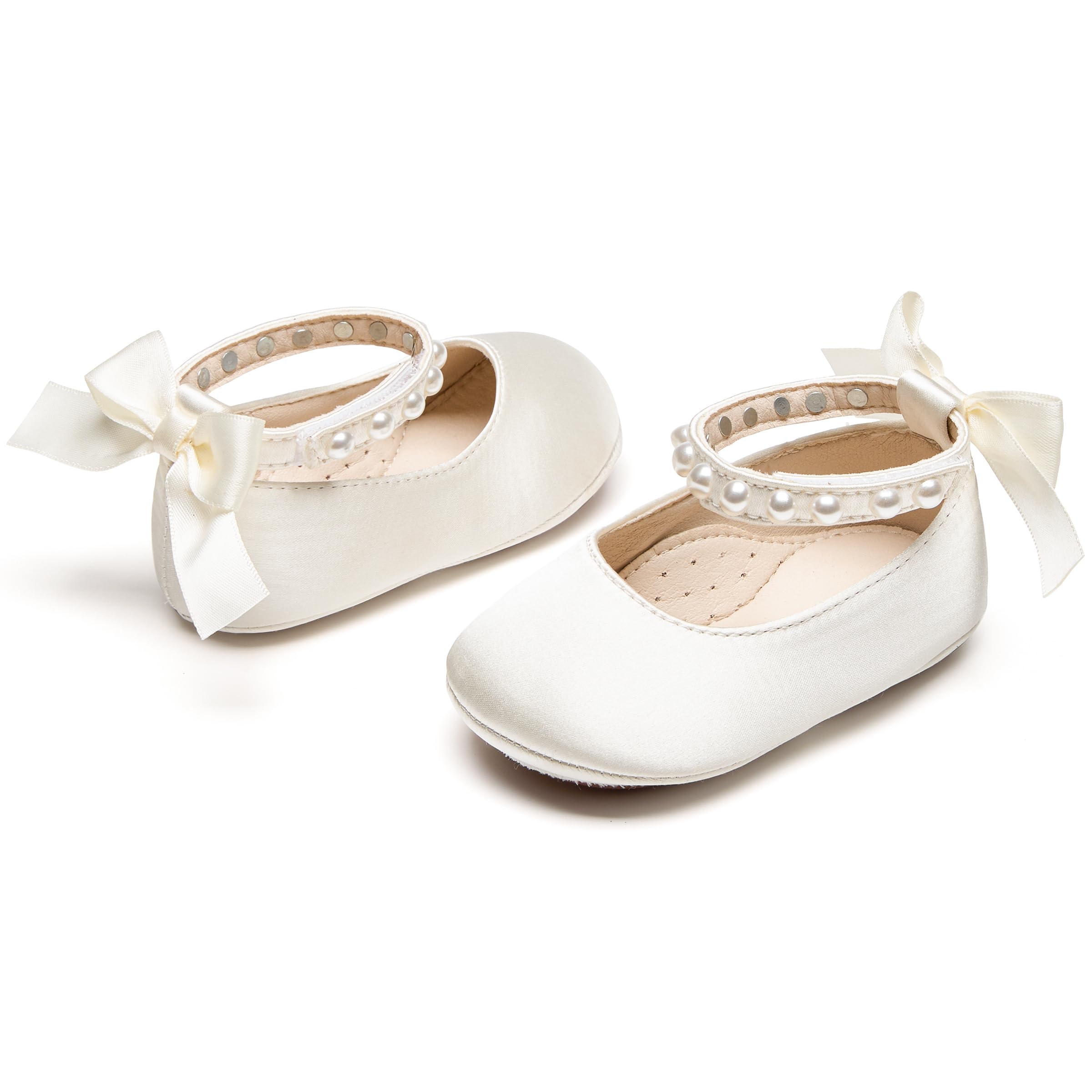 PHIRAMIN Baby Girls Satin Ivory White Mary Jane Flats - Infant 12-18 Months Walking Shoes Soft Rubber Sole Princess Wedding