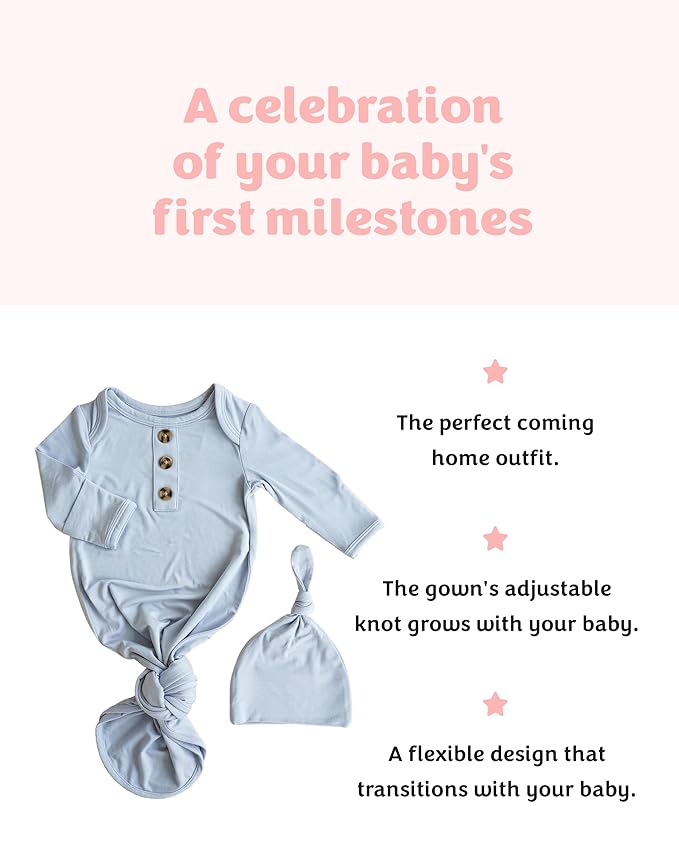 Caden Lane Newborn Knotted Gown with Hat, Soft Bamboo Viscose Baby Sleep Sack, Unisex Infant Nightgown, Breathable Sleepwear