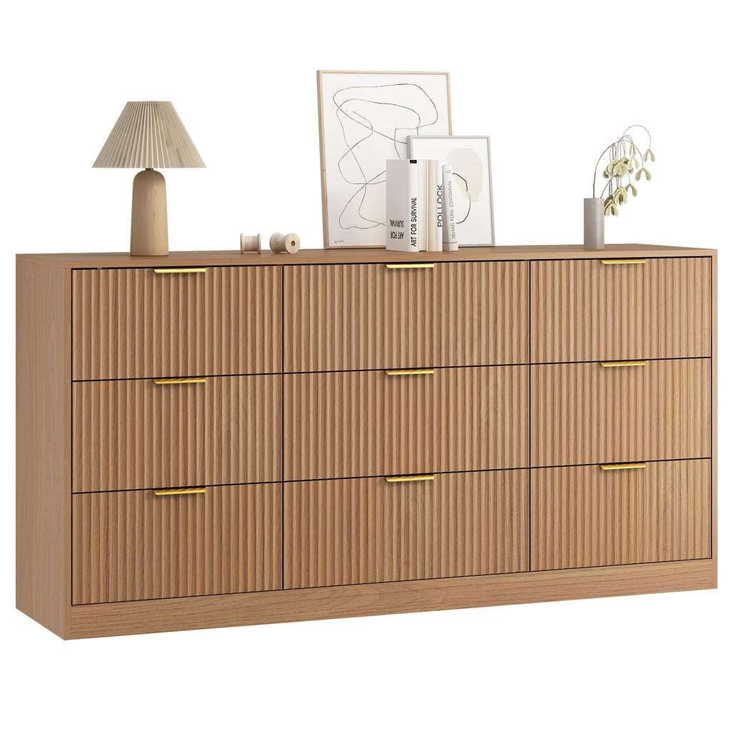 Sscaktu 9 Drawer Fluted Dresser for Bedroom with Deep Drawers, Light Walnut丨63 Wide Wood Dresser, Large Chest of Drawers, Modern Long TV Stand, Storage Cabinet Side Table for Living Room, Hallway
