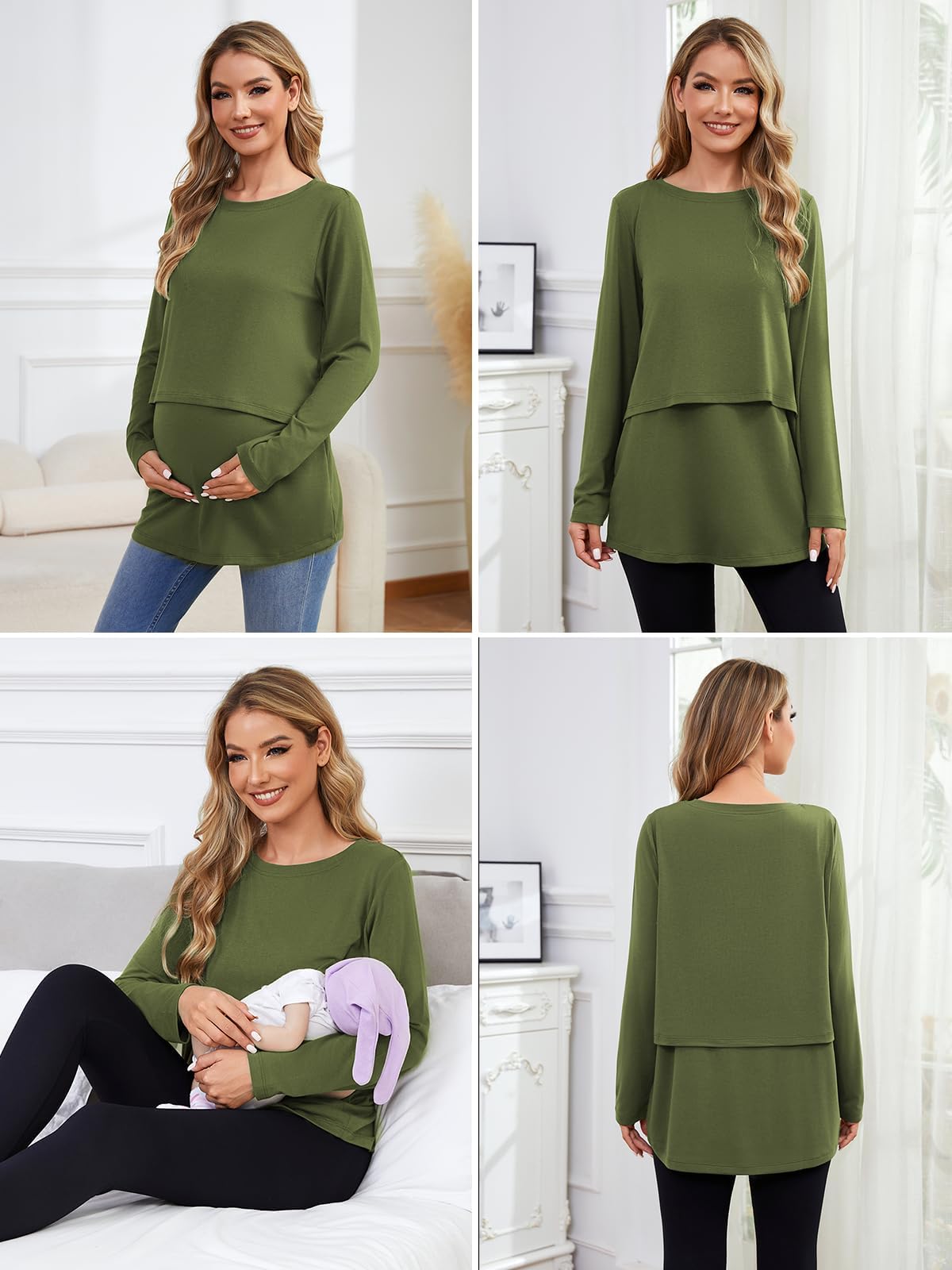 Ecavus Women's 3Pack Maternity Nursing Shirts Long Sleeve Double Layer Breastfeeding Shirts Comfy Pregnancy Clothes