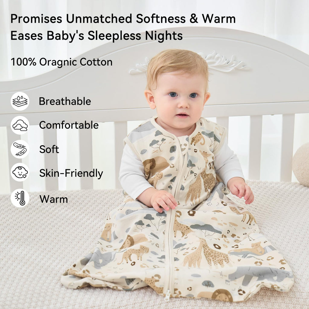 Unnivoll Baby Sleep Sack 12-18 Months 1.0 Tog Baby Wearable Blanket 100% Cotton Sleeping Sack with 2-Way Zipper for Toddler Infant Apricot & Gray Elephant