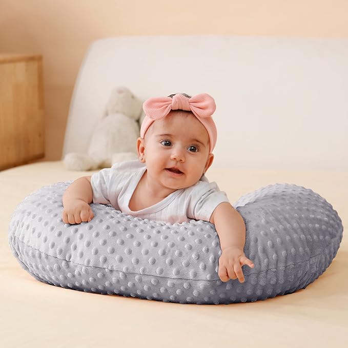 Nursing Pillow and Positioner, Breastfeeding, Bottle Feeding, Baby Sitting Support with Removable Ultra Soft Cover, Tummy Time Support for Baby Boys and Girls (Gray)