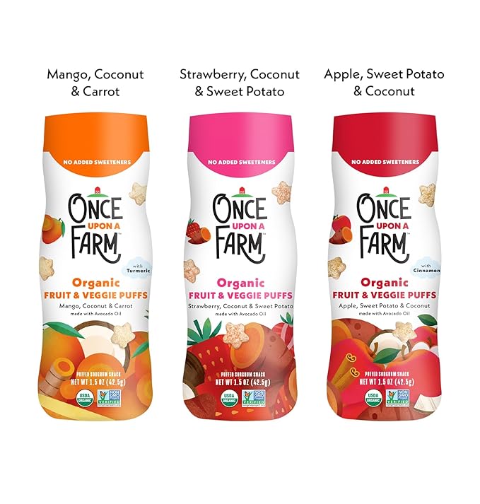 Once Upon a Farm Organic Baby & Toddler Snack Sampler, Puffs, Coconut Melts, Tractor Wheels, Made with Real Fruit & Veggies, No Added Sugar, Non-GMO, 9 Count