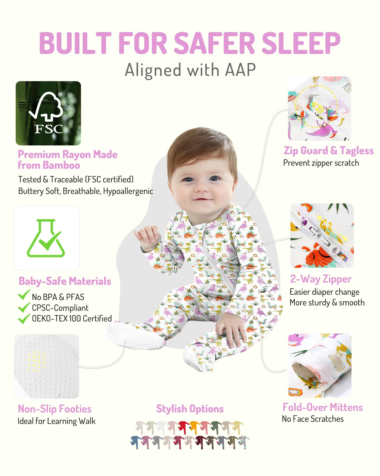 HAPIU Rayon from Bamboo Baby Footed Pajamas, 2 Way Premium Zipper, Footie for Baby Boy Girls, Newborn-24 Months, 2-Pack, Dinosaur Girl & Moonlight Blue, 0-3 Months