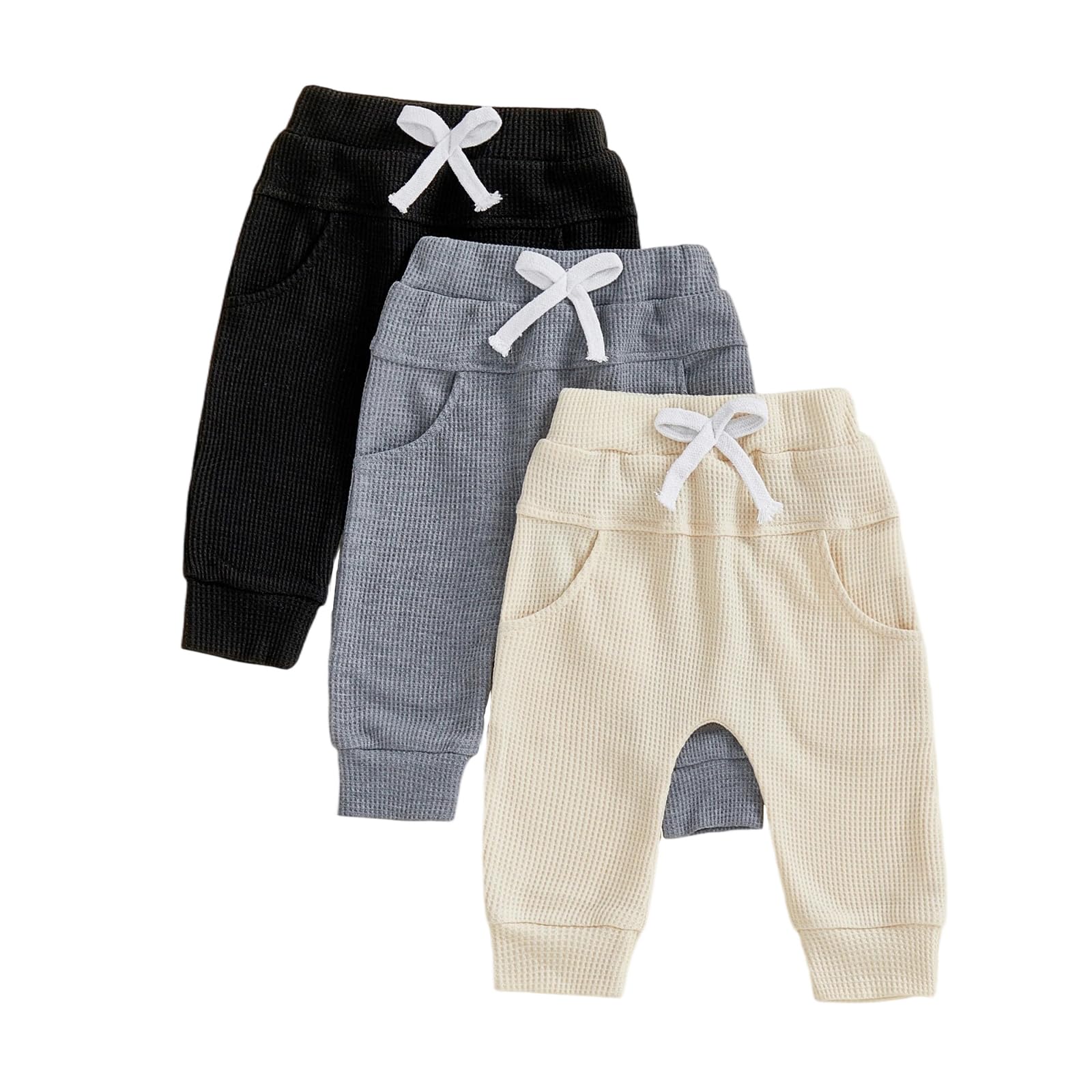 Sejardin Toddler Baby Boy Girl Pants 3 Pack Solid Color Elastic Waist Jogger Sweatpants Newborn Infant Casual Bottoms (Waffle Black Gray Apricot, 6-12 Months)
