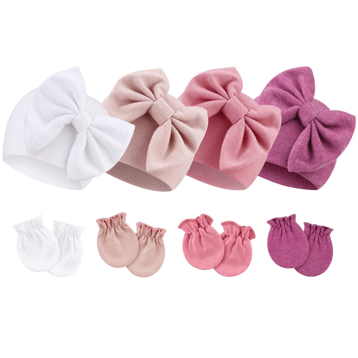 BQUBO Newborn Baby Hats Mittens Set Hospital Hat Beanie Infant Bow Hats Baby Cotton Gloves No Scratch Mittens for 0-6 Months