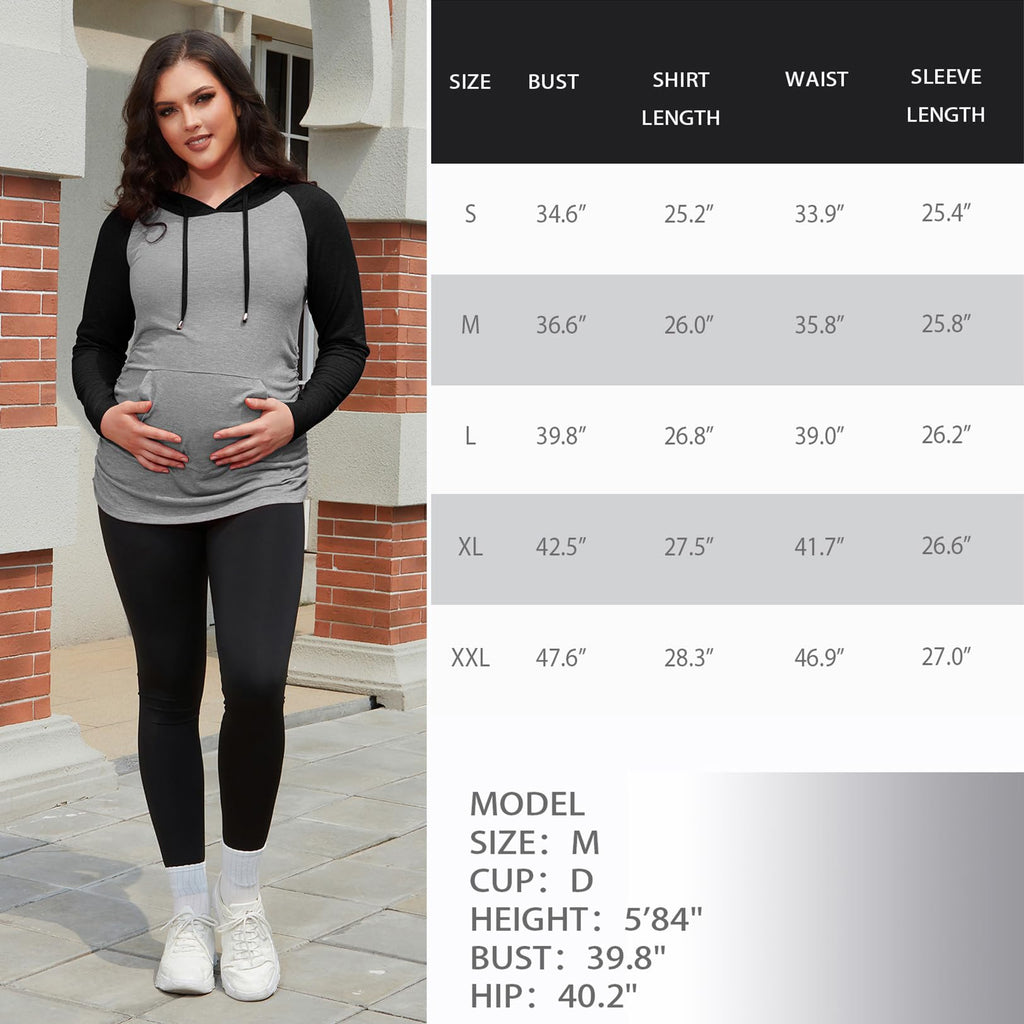 GINKANA Maternity Nursing Hoodie Pullover Shirt Long Sleeve with Pocket Ruched Design Top,Gery with Black+Black,M