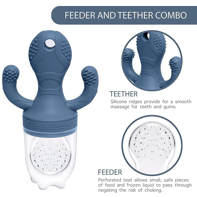 Little Twig Baby Fruit Feeder Pacifier Teether | Food Freezer Tray with Lid | BPA Free Silicone Freezable Teether | Feeding Set for Breast Milk Ice Cubes, Baby Food, Fruit Purees (Steel Blue)