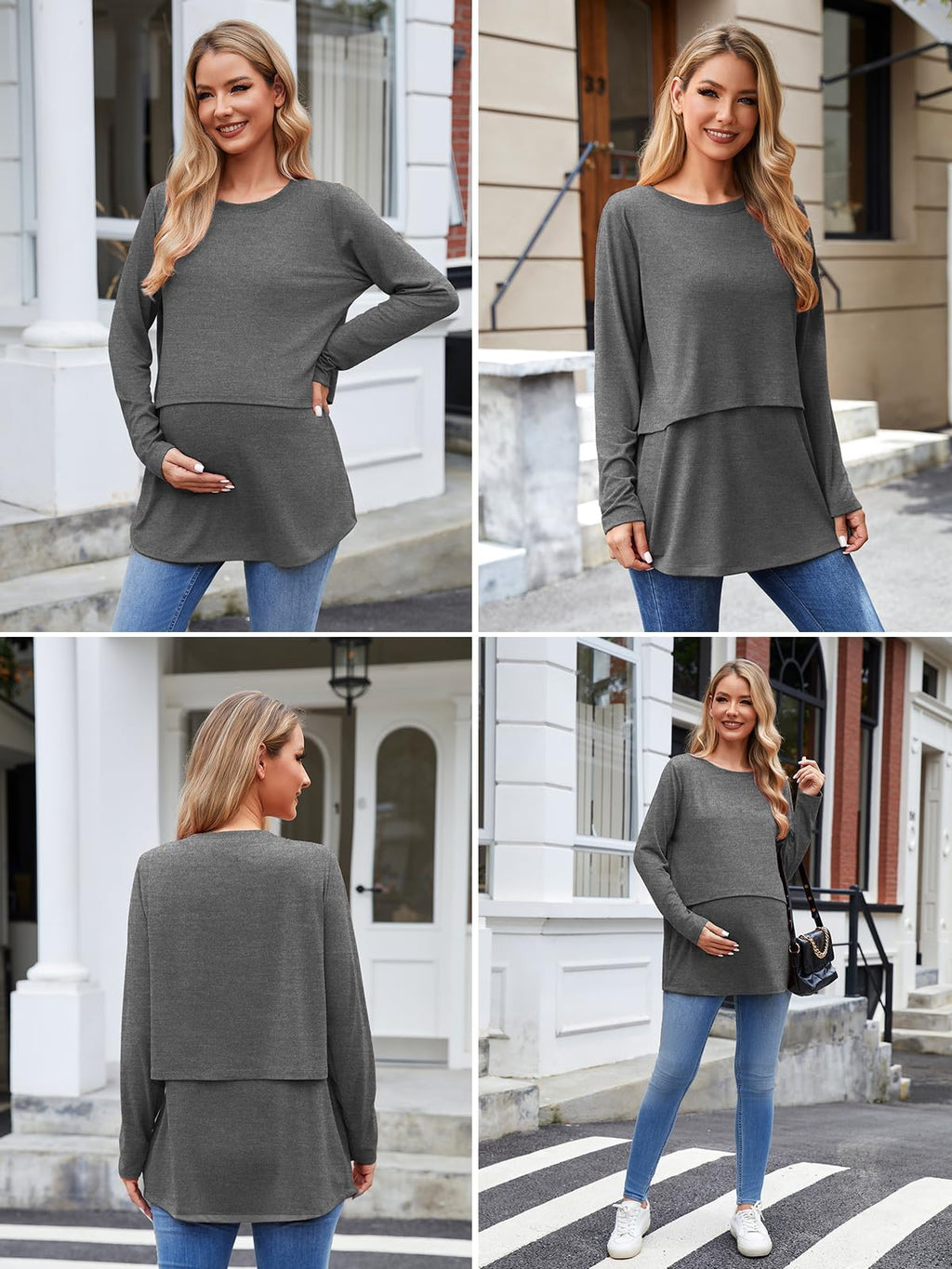 Ecavus Women's 3Pack Maternity Nursing Shirts Long Sleeve Double Layer Breastfeeding Shirts Comfy Pregnancy Clothes