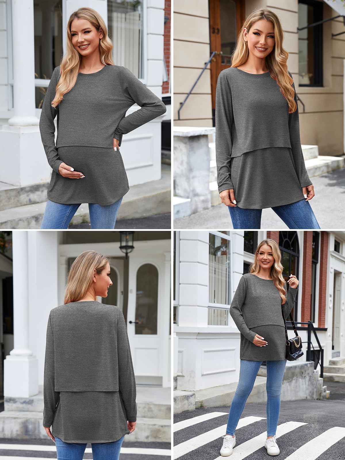Ecavus Women's 3Pack Maternity Nursing Shirts Long Sleeve Double Layer Breastfeeding Shirts Comfy Pregnancy Clothes