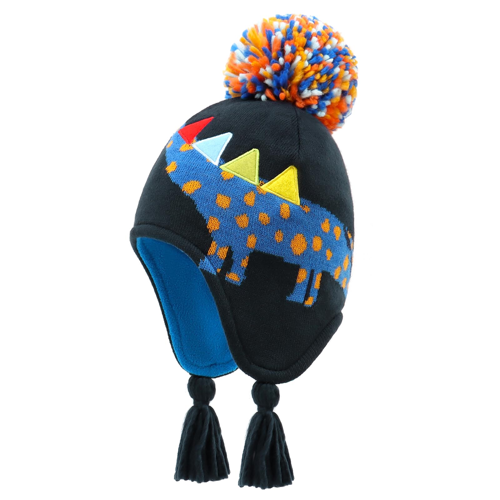 Duoyeree Kids Beanie Dinosaur Pom Pom Knit Winter Hat Fleece Lined for 1-7T