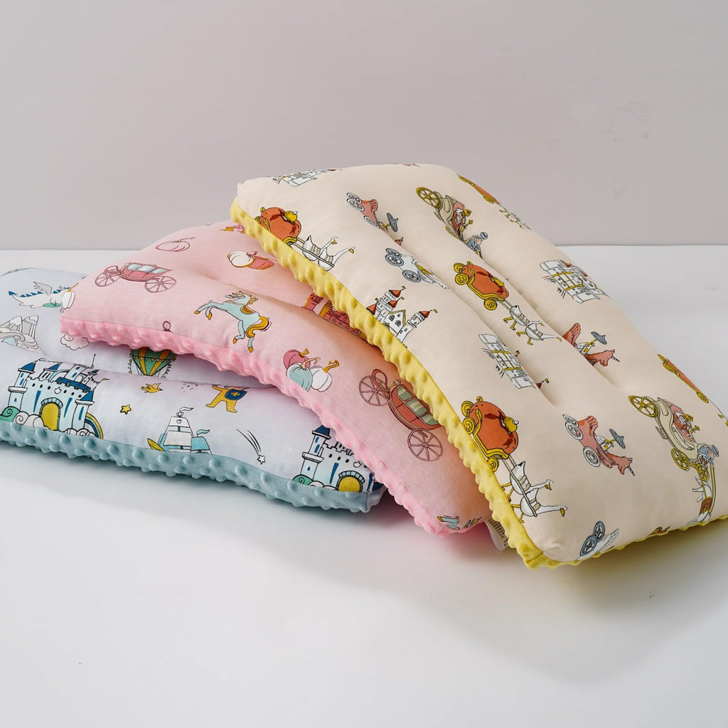 Reidio 1Pcs Toddler Pillow Double Sided Breathable Soft Cotton & Minky Dot Fabric Kids Pillow Cute Small Pillow Machine Washable (Yellow Carriage)