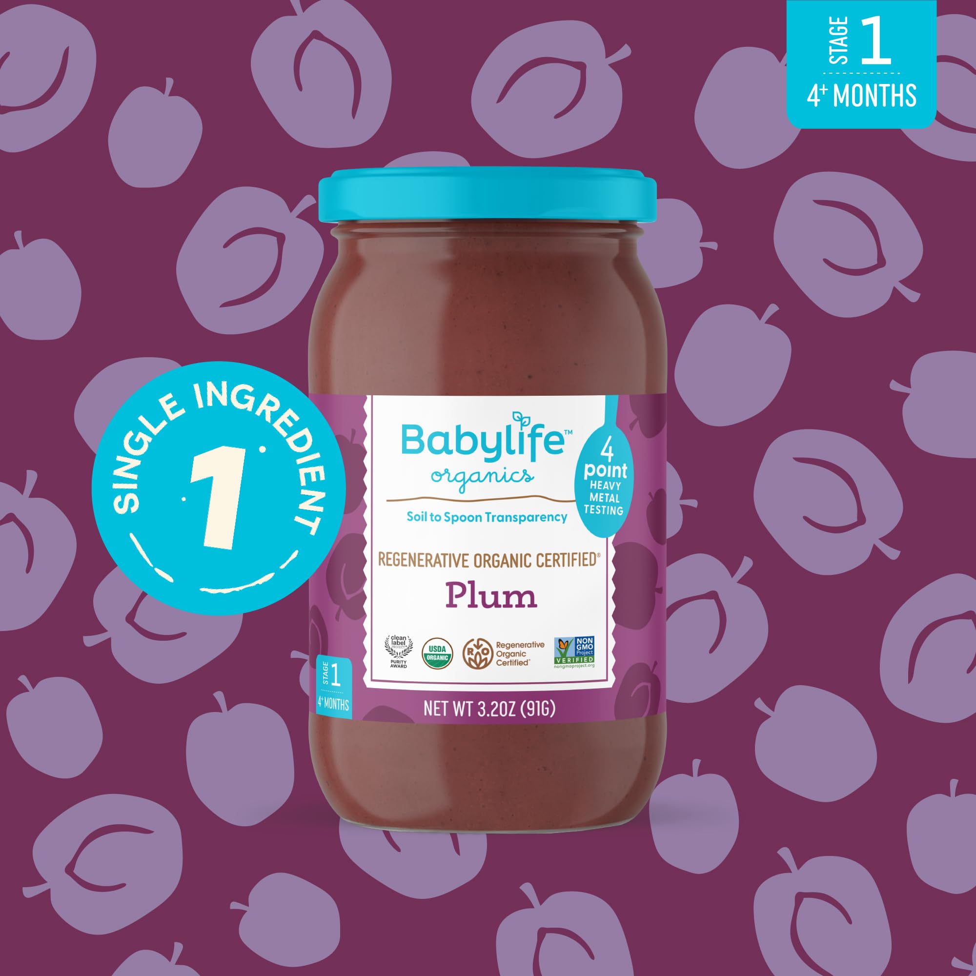 Babylife Organics Stage 1 - Plum, 3.2 Ounce Jar (12 Pack) - Heavy Metal Safe, Organic Baby Food