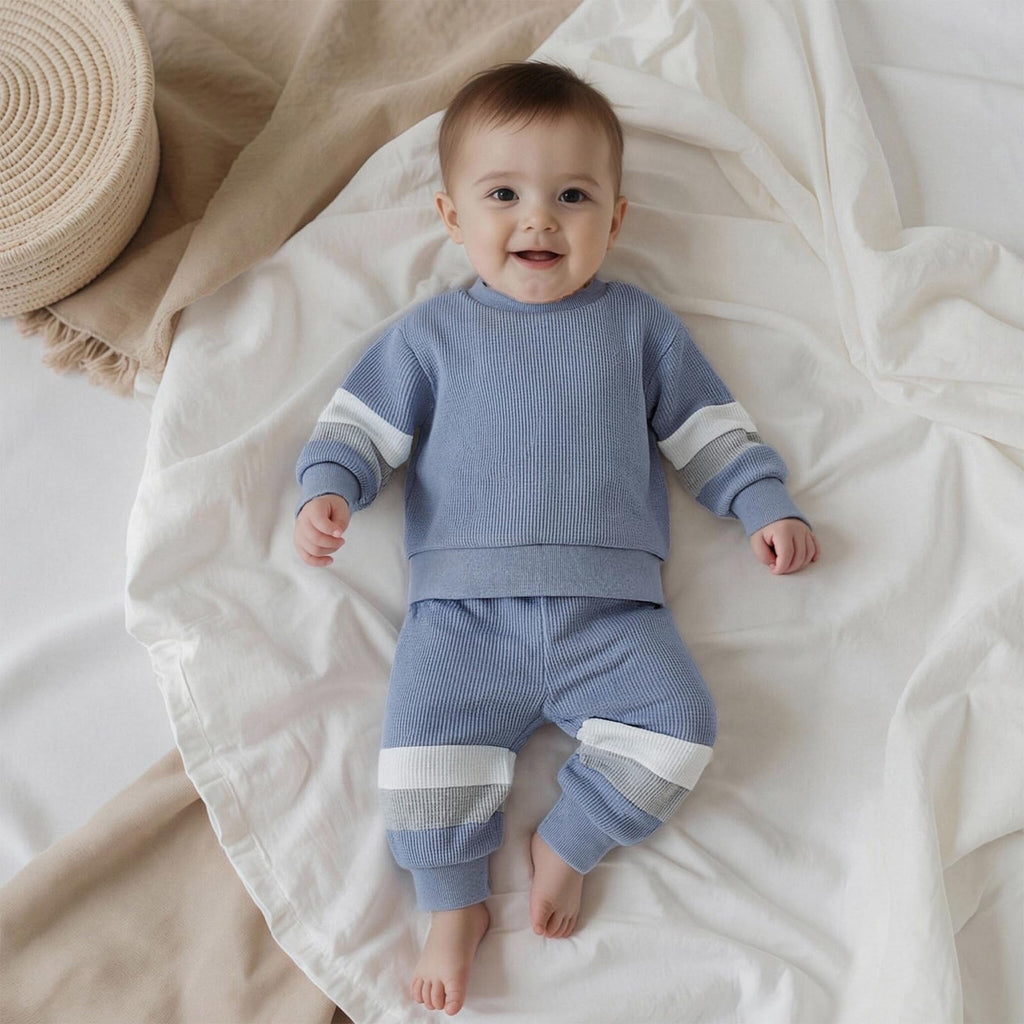 Kuriozud Toddler Baby Boy Fall Winter Clothes Long Sleeve Crewneck Pullover Sweatshirt Jogger Pants Set 2 Piece Outfit (Waffle Color Block Blue, 18-24 Months)