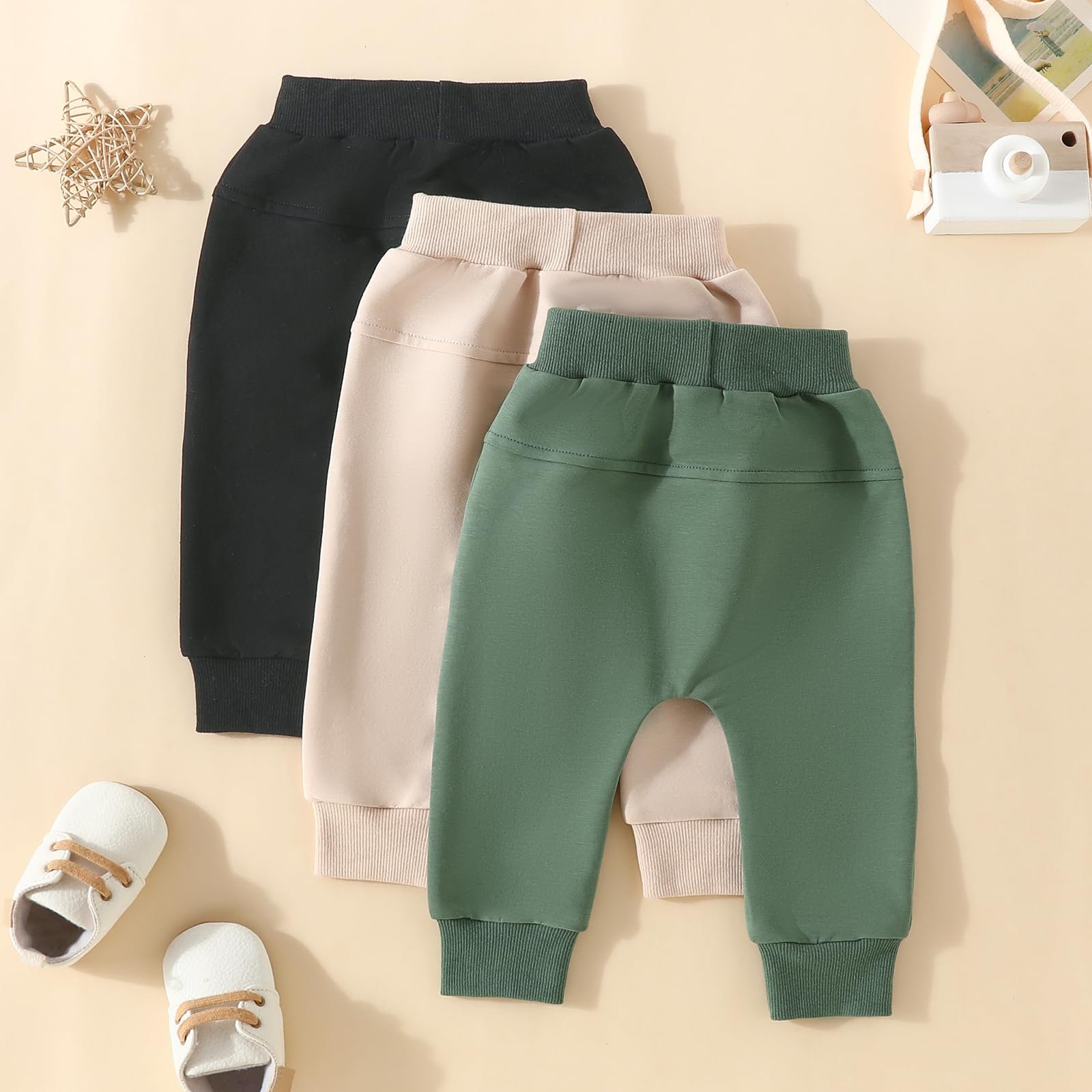 Sejardin Toddler Baby Boy Girl Pants 3 Pack Solid Color Elastic Waist Jogger Sweatpants Newborn Infant Casual Bottoms (Green Apricot Black, 18-24 Months)