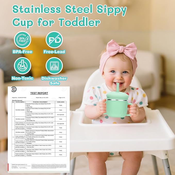 BUSOHA Stainless Steel Sippy Cups for 6+ Month Old - 3 IN 1 Silicone Sippy Cup Toddlers Baby Straw Cup with Brush,Lid and Silicon Straw Kids Anti-Drop Spill Proof Cups for Travel,8 oz,Green