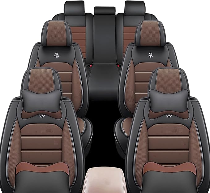 JOJ Car Seat Cover Fit for Toyota Highlander 2001-2025,7 Seat Car Seat Cover,No-Slip Waterproof Breathable Faux Leather Automotive Seat Covers Auto Interior Covers,Full Set with Pillow,Black Coffee