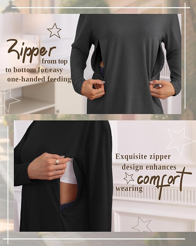 3 Pack Women's Nursing Breastfeeding Tops, Long Sleeve Maternity Shirts Oversize Hidden Zipper Pregnancy Clothes