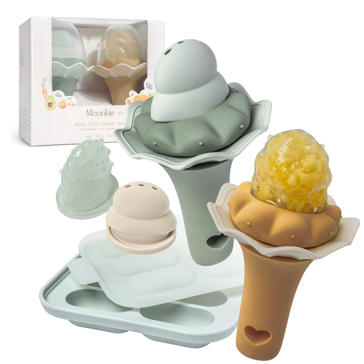 Moonkie Baby Fruit Feeder for Self-Feeding: Controlled Flow Design with 2 Pouches for Safe First Foods - BPA Free Silicone Food Feeder with Freezer Tray for Cooling Comfort - 4 Months+ - 1 Pack