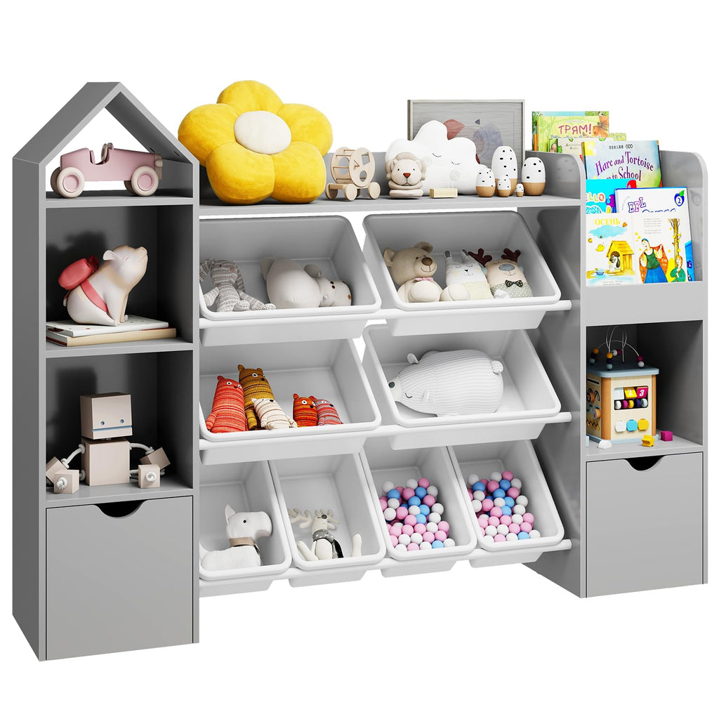Vabches Kids Toy Organizer with 8 Removable Toy Bins, 4-Tier Toy Storage Organizers W/4 Storage Cubbies, Bookshelf 2 Toy Storage Box on Wheels for Playroom, Kids Room, Nursery Room, Grey