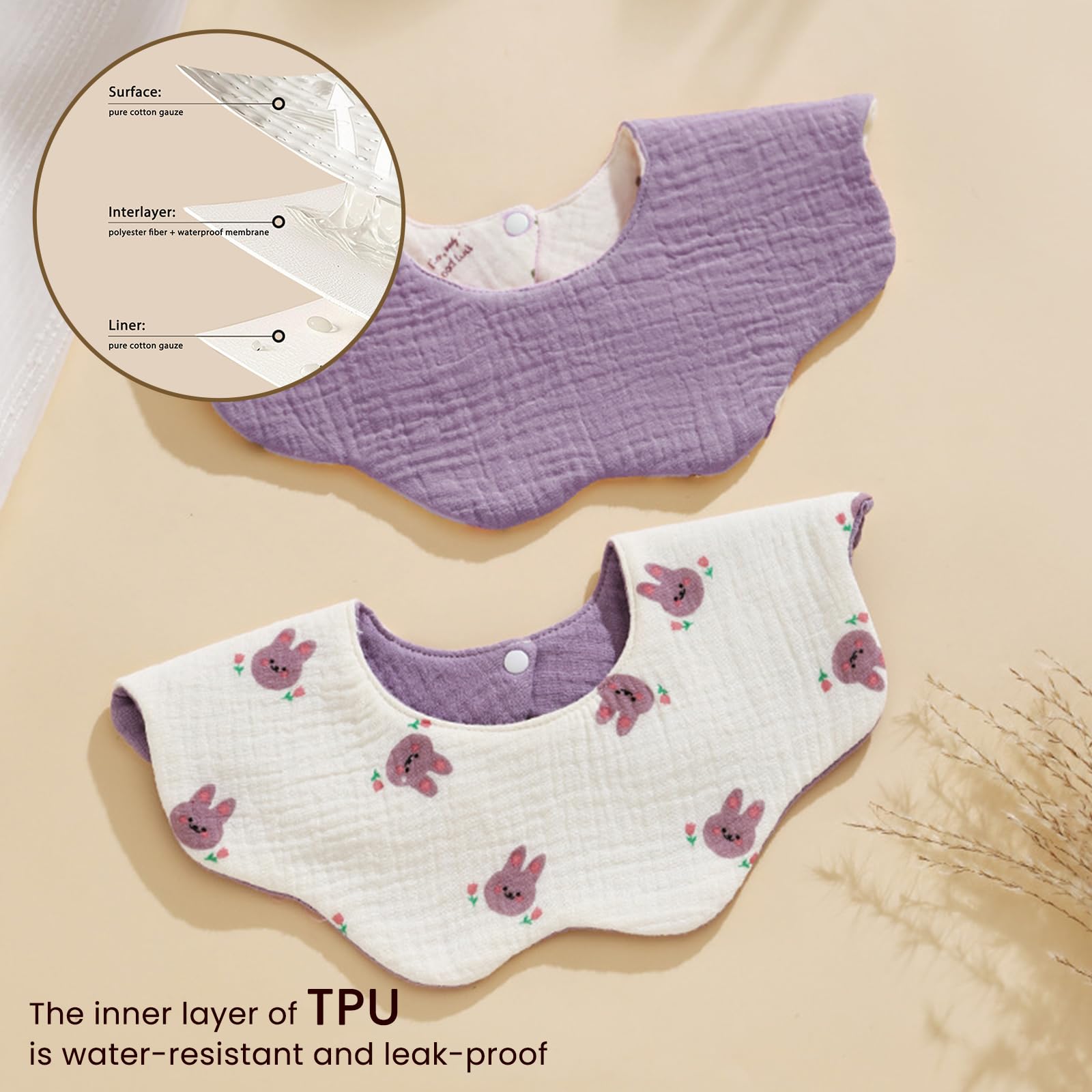 DOSMINE Organic Cotton Muslin Baby Bibs Waterproof Reversible Drool Bibs