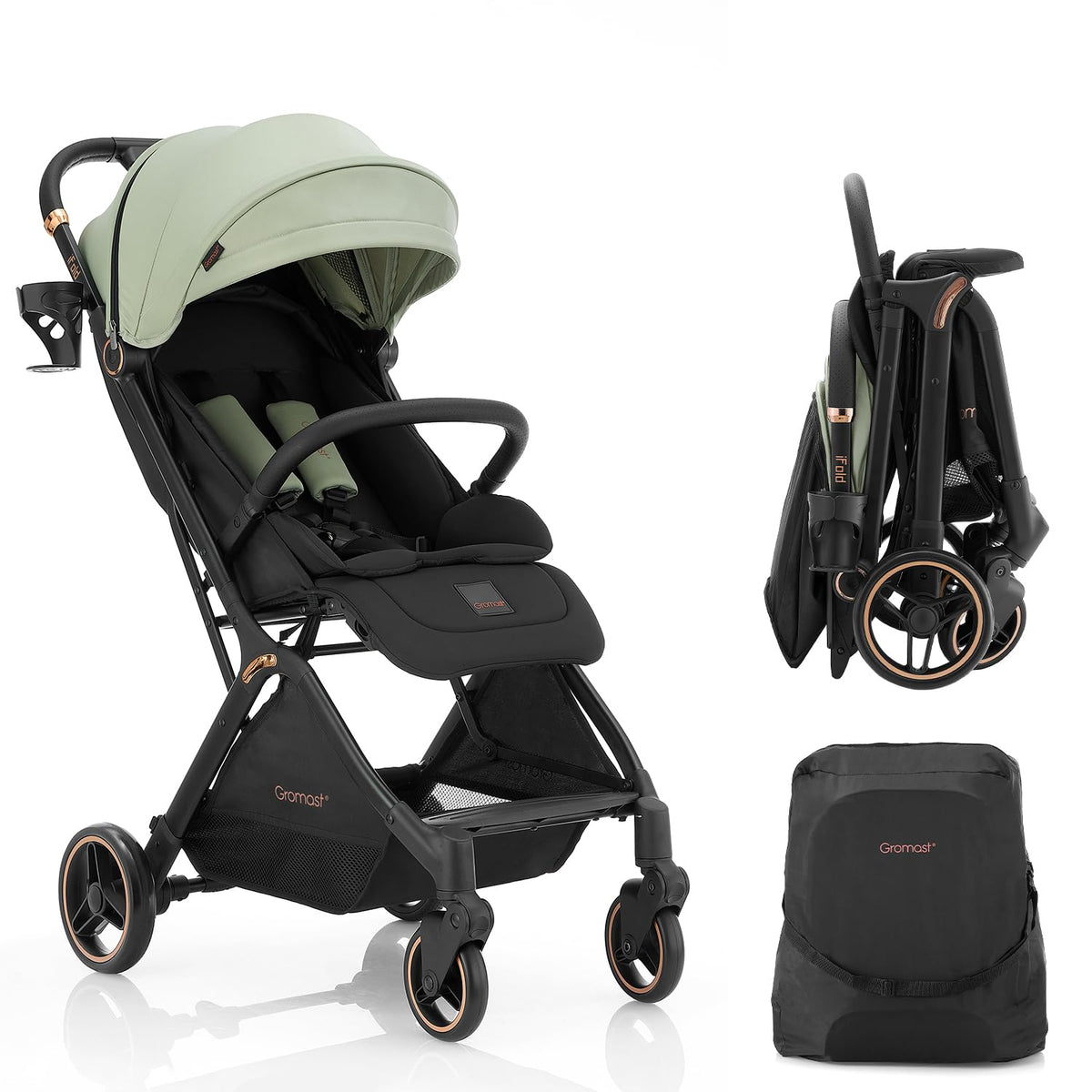 Gromast Gravity Folding Baby Stroller - Portable Travel Toddler Stroller w/Adjustable Backrest, Canopy & Cup Holder, Lightweight and UV Protected, One-Hand Automatic Folding - Black