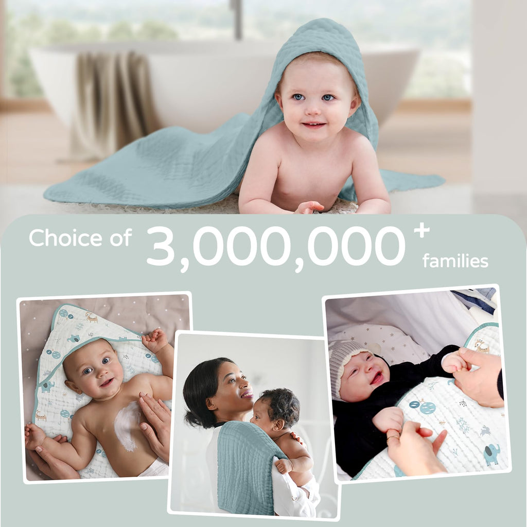 Yoofoss Hooded Baby Towels for Newborn 2 Pack 100% Muslin Organic Cotton Baby Bath Towel with Hood for Babies, Infant, Toddler and Kids, 32x32Inch, Soft and Absorbent Newborn Essential,Blue Elephant