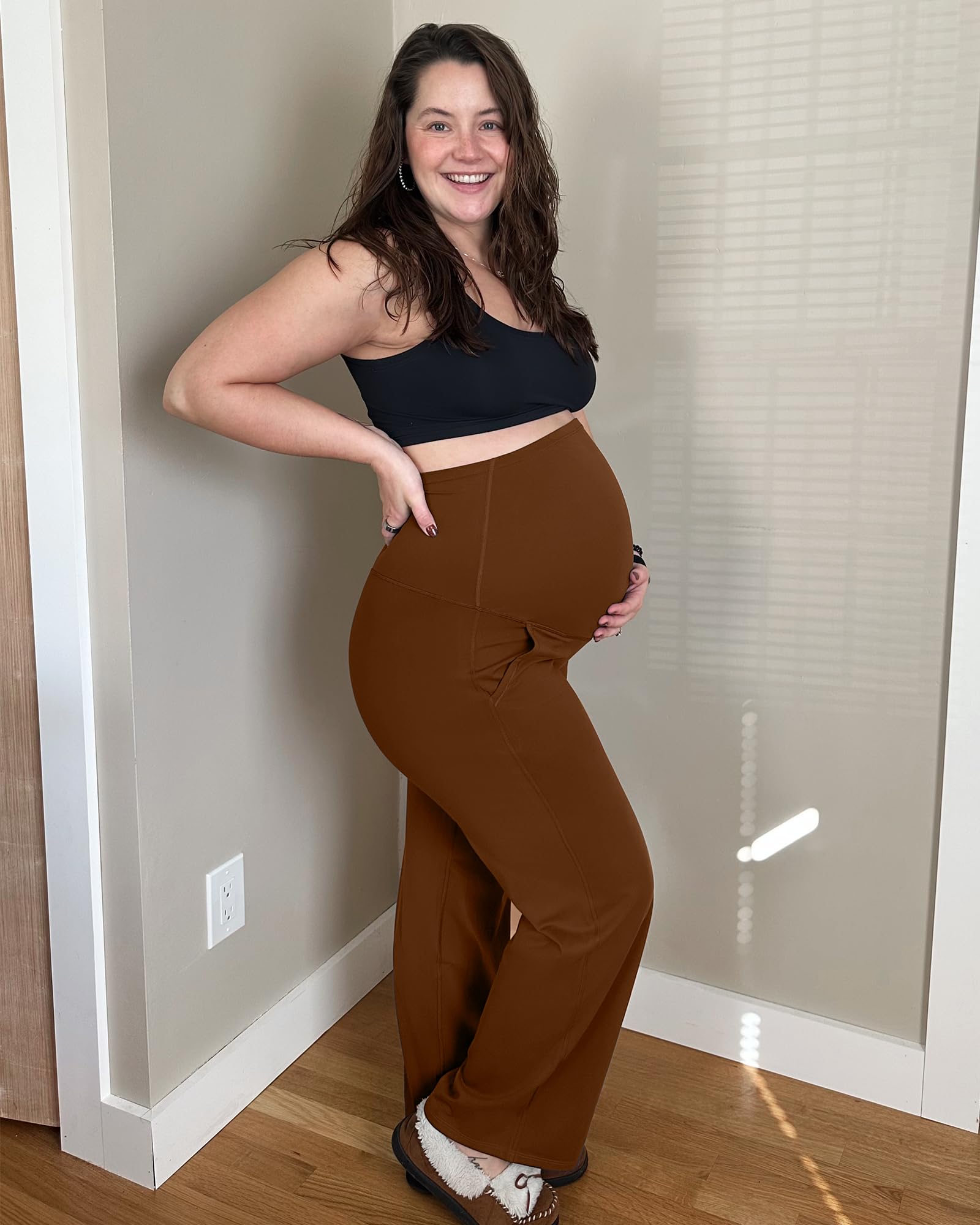 G4Free Maternity Work Pants with Pockets Wide Leg,Dark Coffee,M,Short