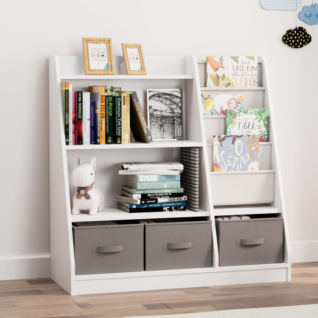 HedoAjim White Kids Bookshelf Wood Montessori Toy Storage Organizer Cabinet Shelf Child Bookcase Toddler Baby Sling Book Rack 3 Cube Bin Fabric Drawers for Playroom Bedroom Nursery School