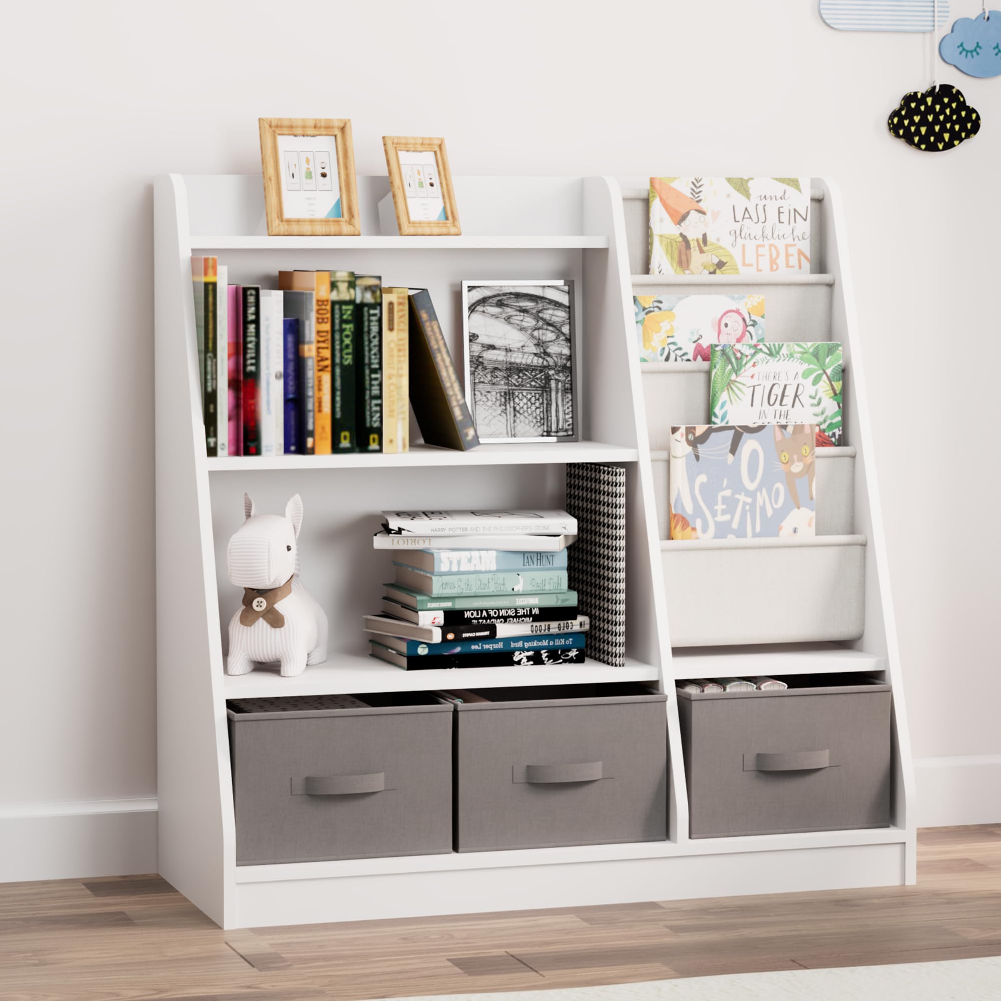 HedoAjim White Kids Bookshelf Wood Montessori Toy Storage Organizer Cabinet Shelf Child Bookcase Toddler Baby Sling Book Rack 3 Cube Bin Fabric Drawers for Playroom Bedroom Nursery School