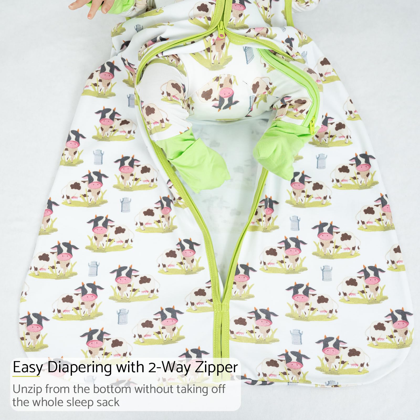 LollyBanks 100% Cotton Baby Sleep Sack 0-6 Months for Boys and Girls, Lightweight 0.5 TOG Sleep Sack with 2-Way Zipper, Breathable Baby Sleep Bag, Newborn Essentials (Cow Print)