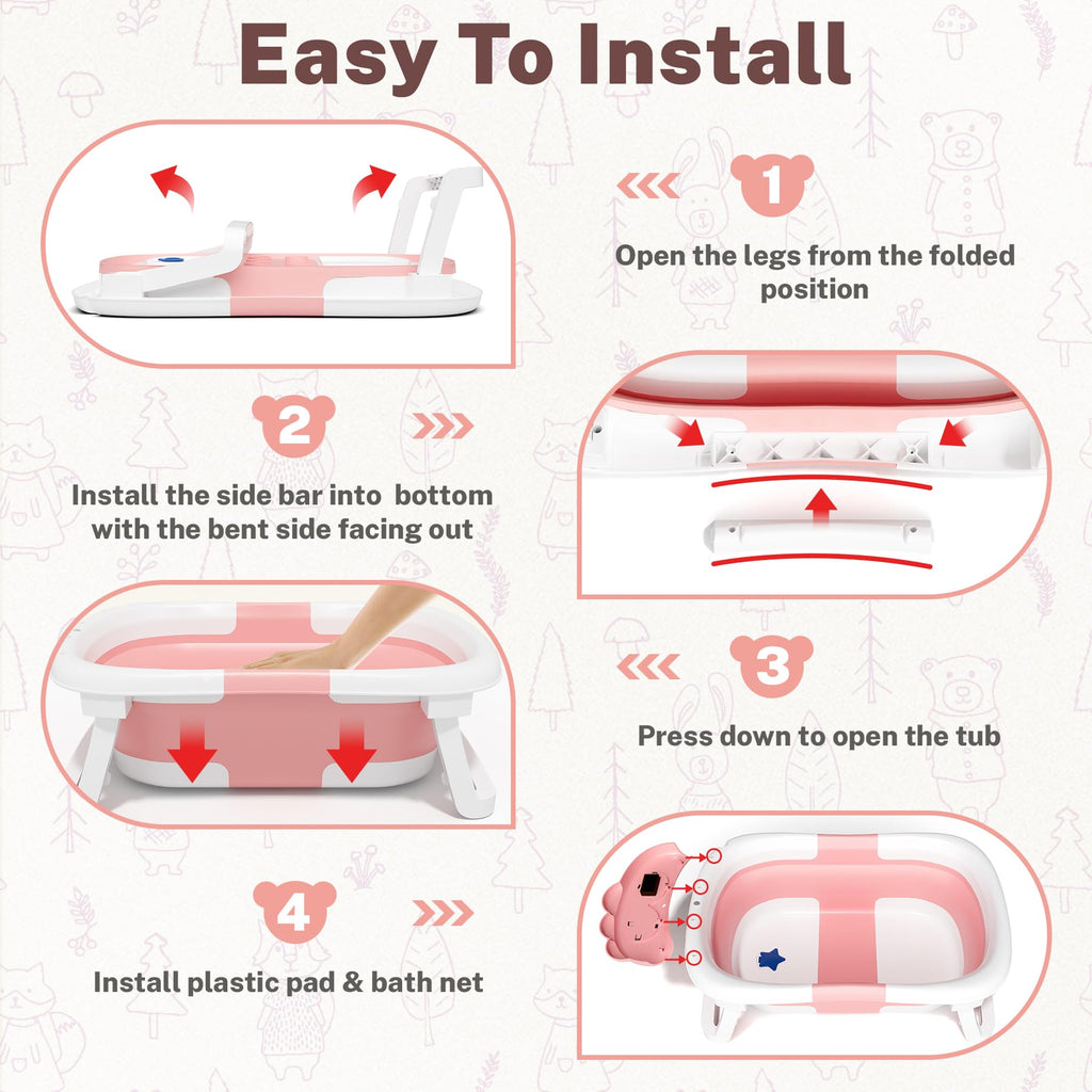 AVIDOR Baby Bathtub,Collapsible Bathtub for Newborn to Toddler,Durable Essential Infant Bath Tub,Portable Travel Baby Tub with Soft Bath Net,No-Slip Feet and Dinosaur Shaped (Pink)
