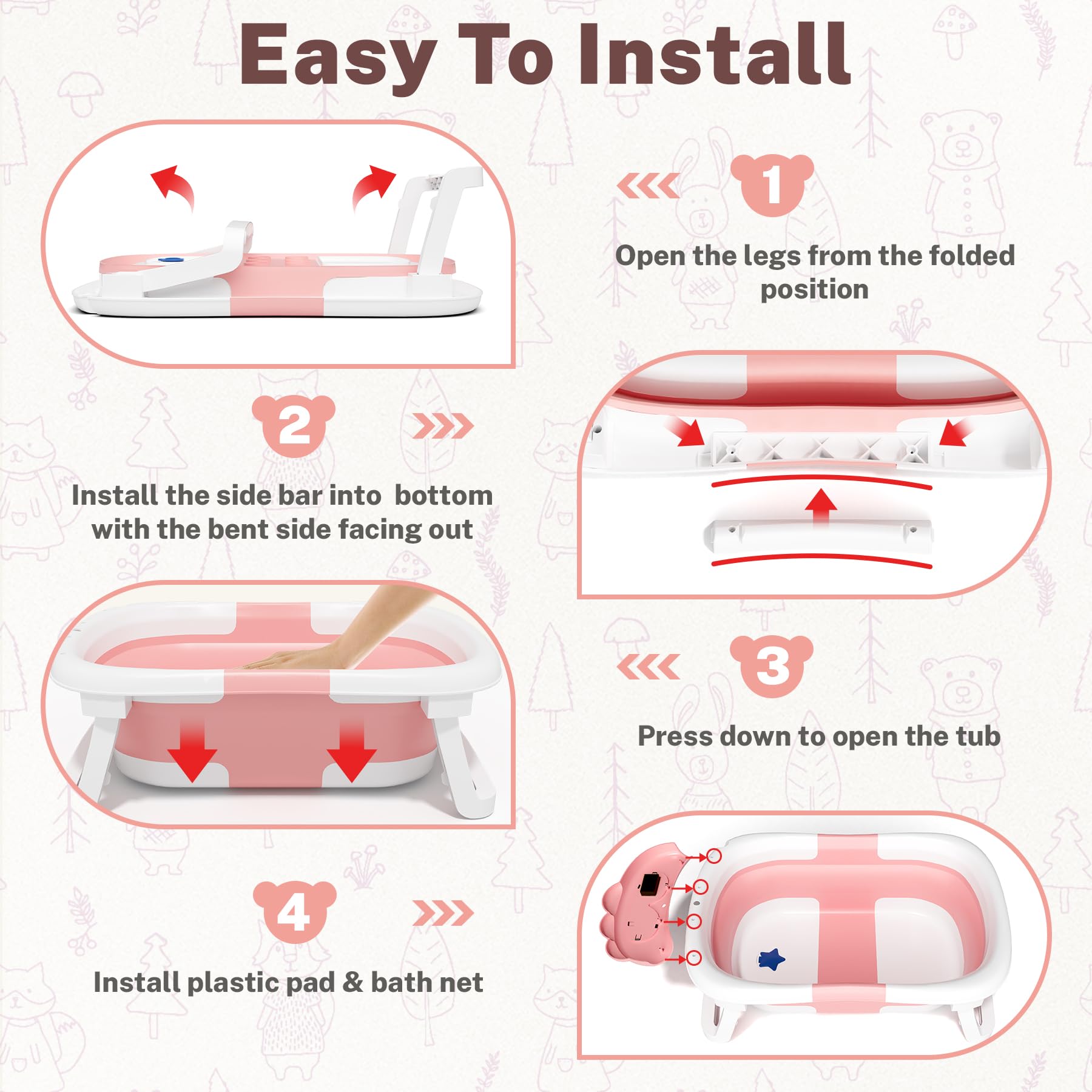 AVIDOR Baby Bathtub,Collapsible Bathtub for Newborn to Toddler,Durable Essential Infant Bath Tub,Portable Travel Baby Tub with Soft Bath Net,No-Slip Feet and Dinosaur Shaped (Pink)
