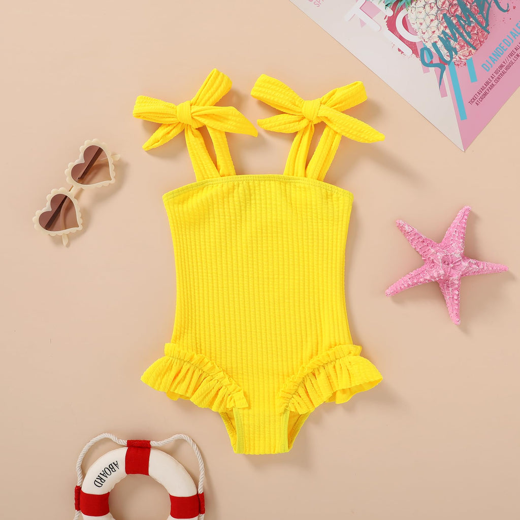 Happy Town Toddler Swimsuit Girl Solid Color Stripe One-Piece Baby Bathing Suits (Solid Yellow, 3-4 Years)