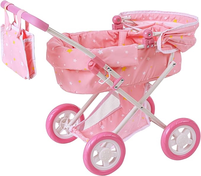 Olivia's Little World - Play Baby Doll Bassinet Stroller, Baby Doll Pram Stroller Buggy for 3 4 5 Year Old Girls, Toy Stroller for Toddlers 1-3, Twinkle Stars Princess Deluxe Toy Stroller - Pink/White