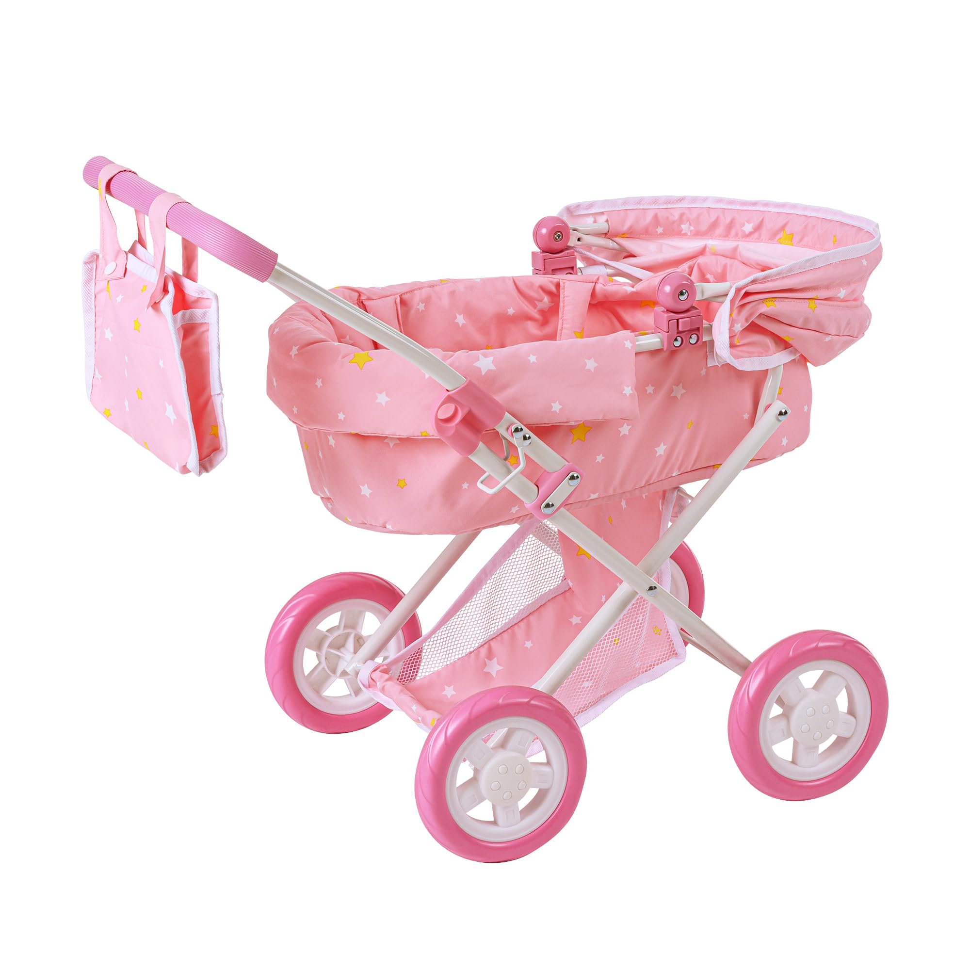 Olivia's Little World - Play Baby Doll Bassinet Stroller, Baby Doll Pram Stroller Buggy for 3 4 5 Year Old Girls, Toy Stroller for Toddlers 1-3, Twinkle Stars Princess Deluxe Toy Stroller - Pink/White