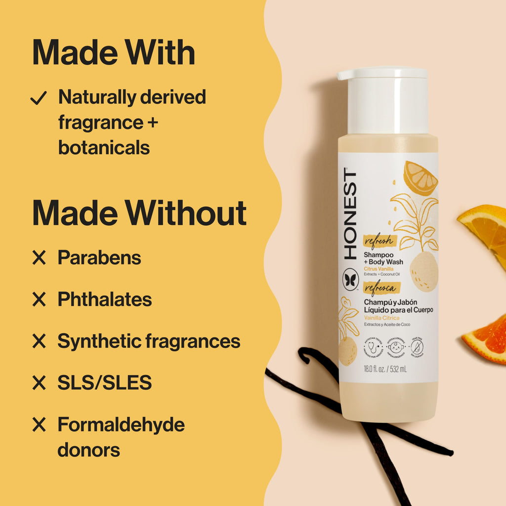 The Honest Company 2-in-1 Cleansing Shampoo Body Wash Gentle for Baby Naturally Derived, Tear-free, Hypoallergenic, Citrus Vanilla Refresh, 18 fl oz