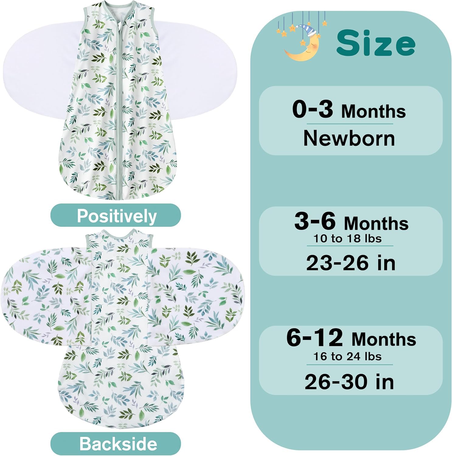BSTOPPT Newborn Sleep Sack Baby Swaddle,Swaddle me 0-3 Month,3-Way Adjustable Wearable Blanket,100% Rayon Cotton Swaddling Sleeping Bag，TOG 0.5 (Leaf, 0-3 Months)