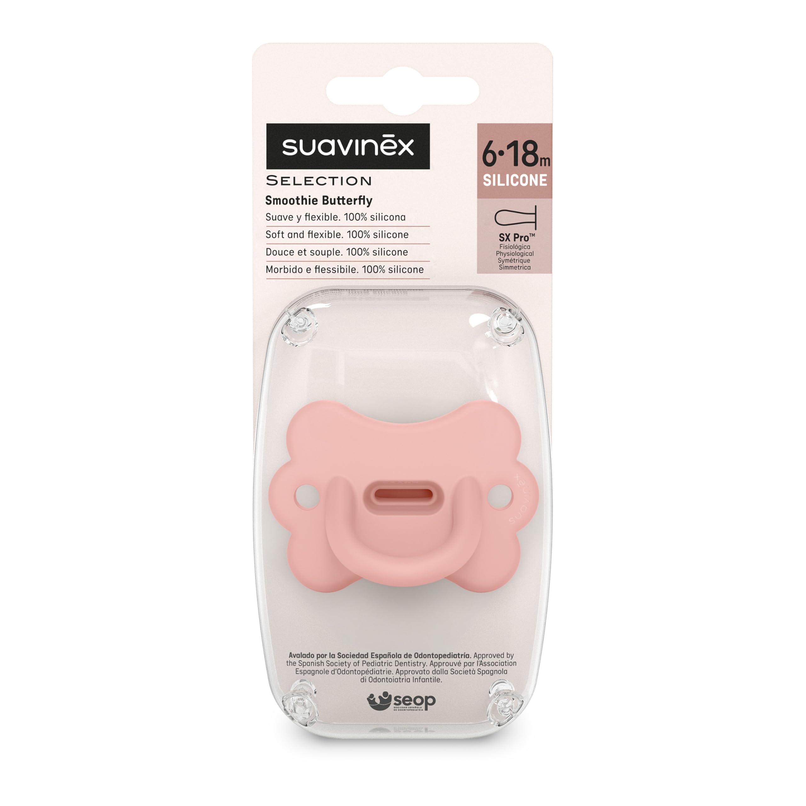 Color Essence SX PRO Silicone Butterfly Baby Pacifier 1Pk, Made with 100% Soft Silicone, Baby Essentials Perfect for Breastfeeding Babies, Designed in Spain, 6-18 Mths, Pink