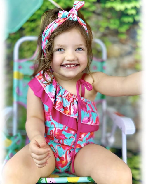 6 Month Baby Girls One Piece Swimsuits Infant Flamingo Bathing Suit Off Shoulder Swimwear Swimming Beach Wear with Headband 6-12 Months