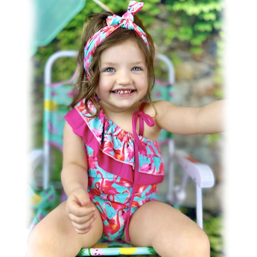 0-6 Months Baby Girls One Piece Swimsuits Infant Flamingo Bathing Suit Off Shoulder Swimwear Swimming Beach Wear with Headband