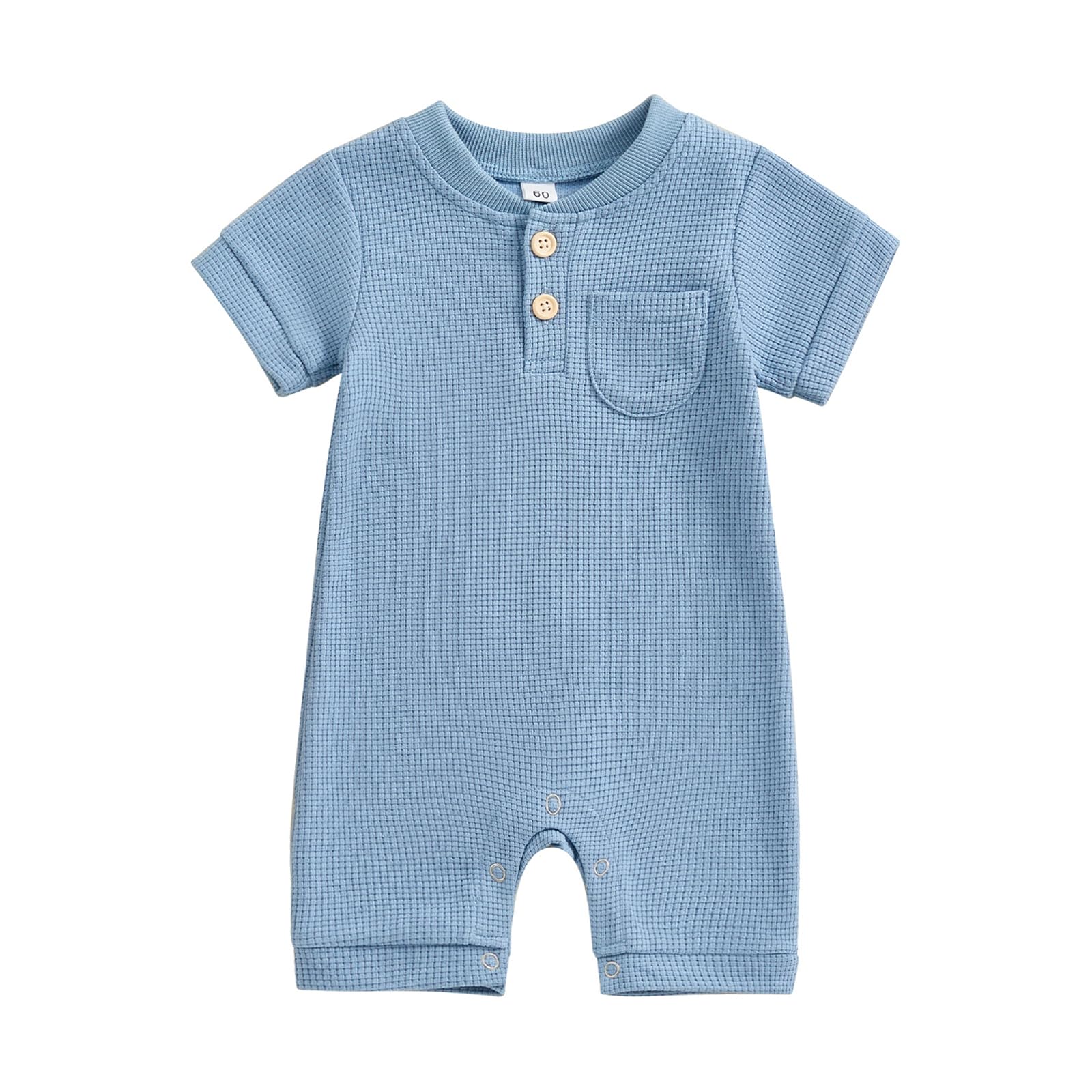Kuriozud Newborn Baby Boy Girl Clothes Button Solid Short Sleeve Romper Jumpsuit Basic One Piece Outfits Baby Neutral Clothing Waffle Short Sleeve Blue, 3-6 Months