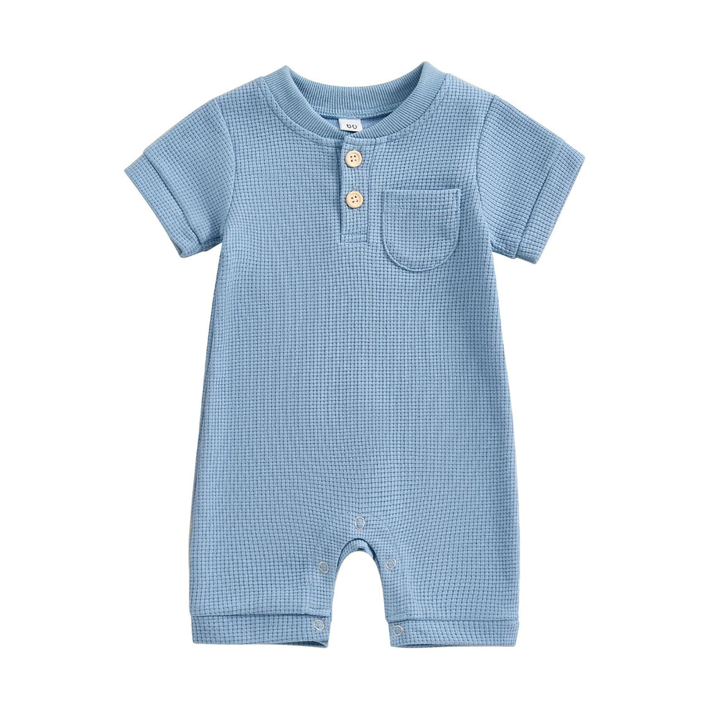 Kuriozud Newborn Baby Boy Girl Clothes Button Solid Short Sleeve Romper Jumpsuit Basic One Piece Outfits Baby Neutral Clothing Waffle Short Sleeve Blue, 6-9 Months