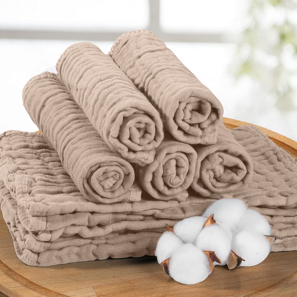 Yoofoss Muslin Burp Cloths for Baby 10 Pack 100% Organic Cotton Baby Washcloths for Boys Girls Large 20''X10'' Super Soft and Absorbent Brown
