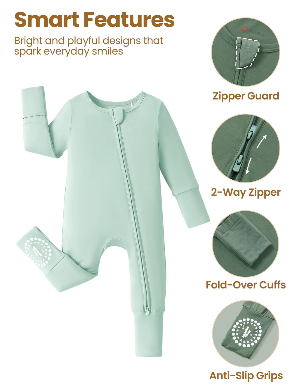 PATPAT Baby Footies Boys Girls - Bamboo Viscose - 2 Way Zipper & Non-Slip Soles Romper Mitten - Footed & Footless Infant Clothes Unisex Jumpsuit 2 Pack Olive/Cyan/Grey 3-6 Months Green/Blue