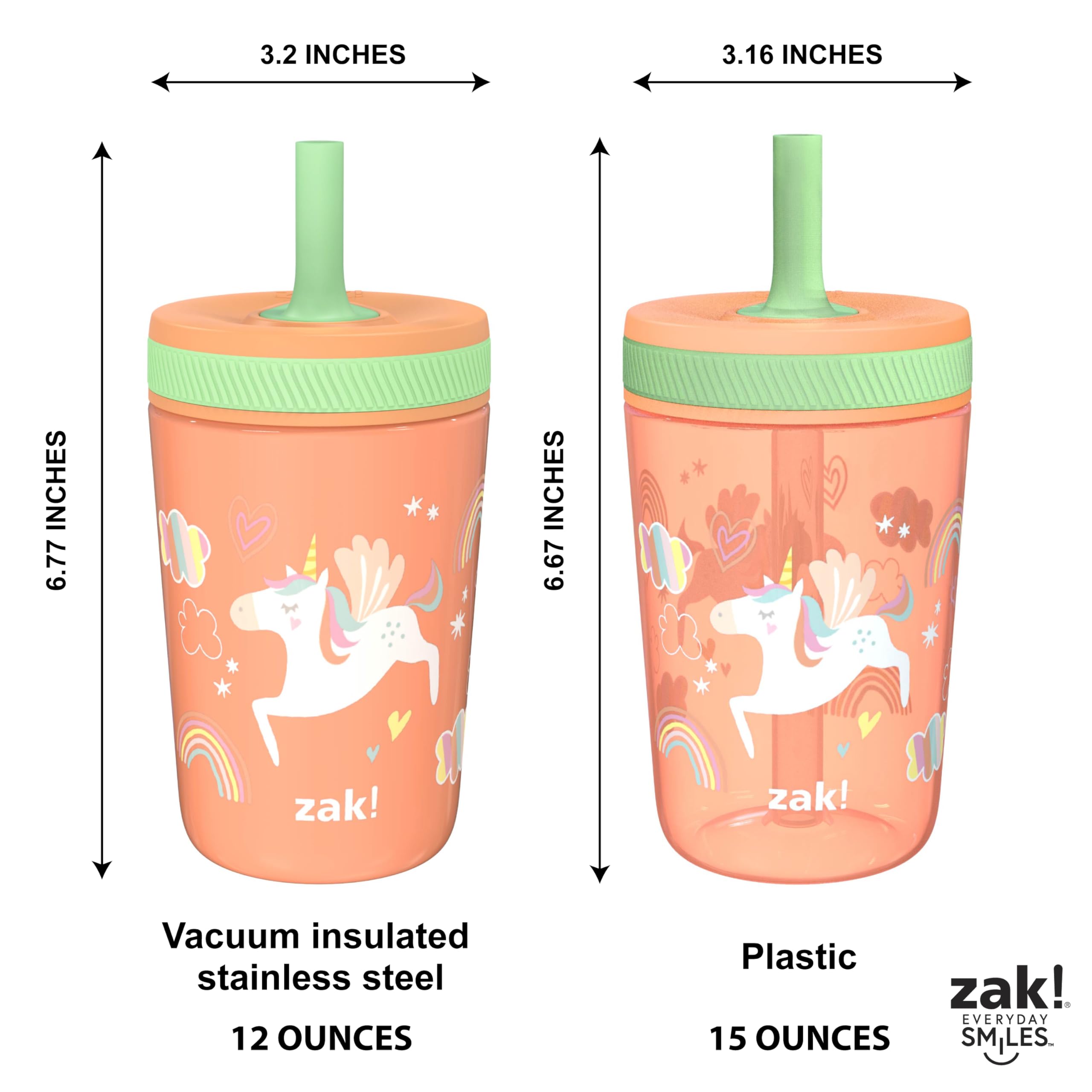 Zak Designs Unicorn Kelso Leak-Proof Toddler Straw Cups, 3pc Set