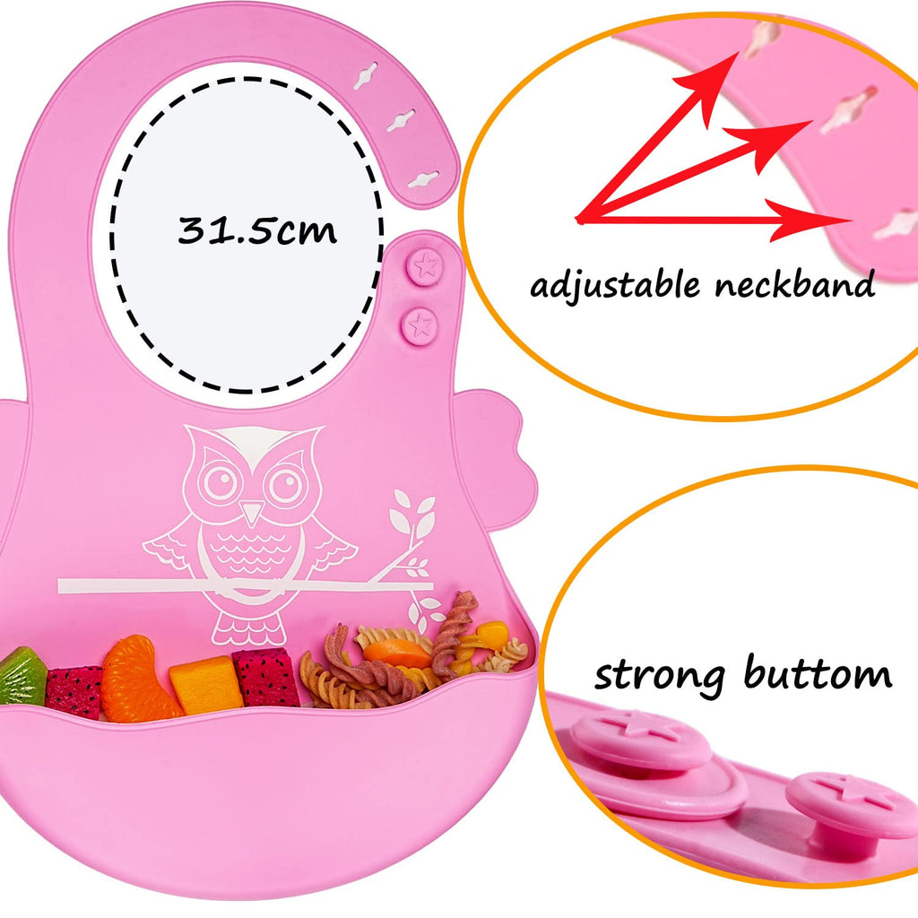NICINGU Baby Toddler Silicone Suction Plate with Spoon&Fork And Adjustable Bib Set,Silicone Baby Feeding Utensils Set，Baby Toddler Led Weaning Supplies Set-Pink Owl Set