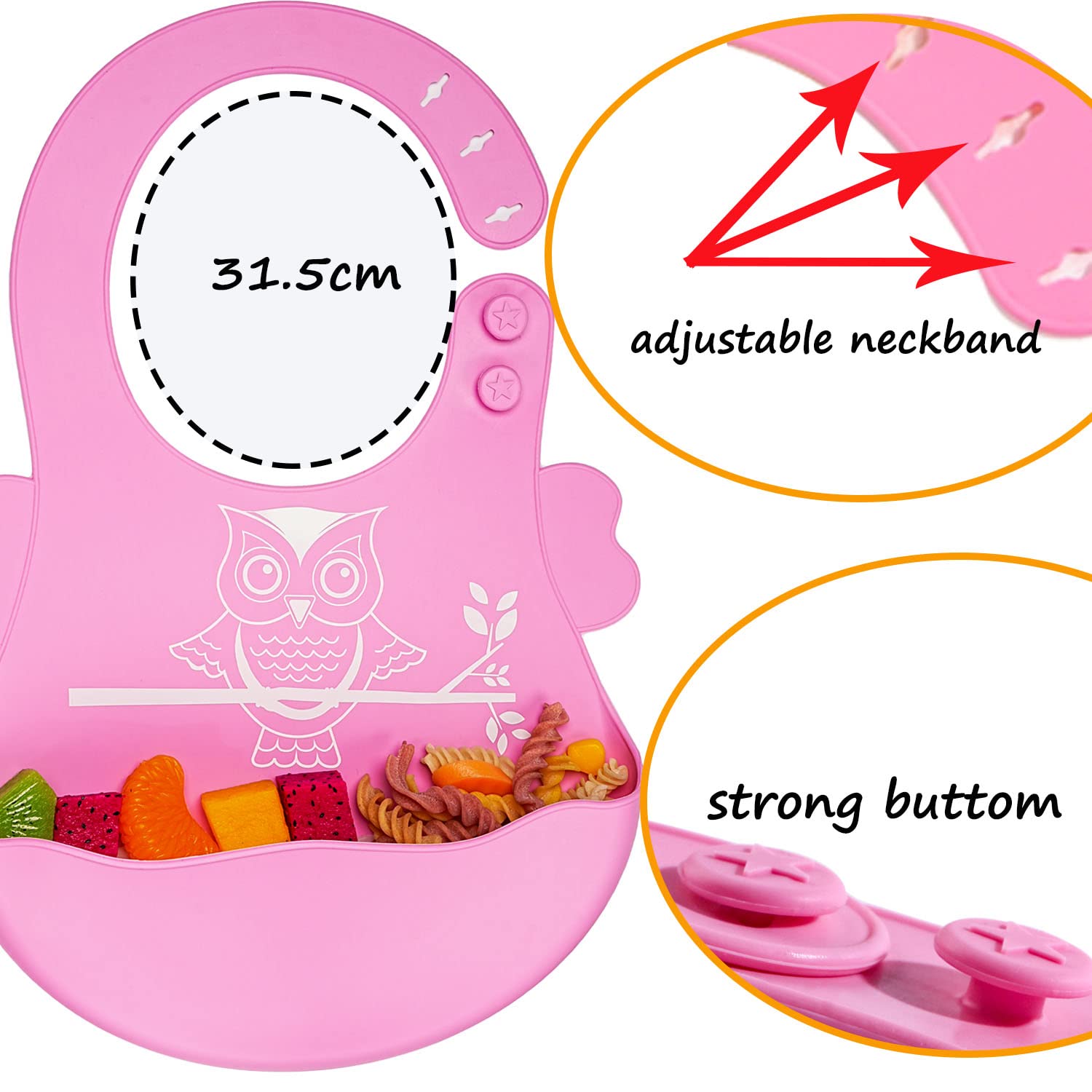 NICINGU Baby Toddler Silicone Suction Plate with Spoon&Fork And Adjustable Bib Set,Silicone Baby Feeding Utensils Set，Baby Toddler Led Weaning Supplies Set-Pink Owl Set