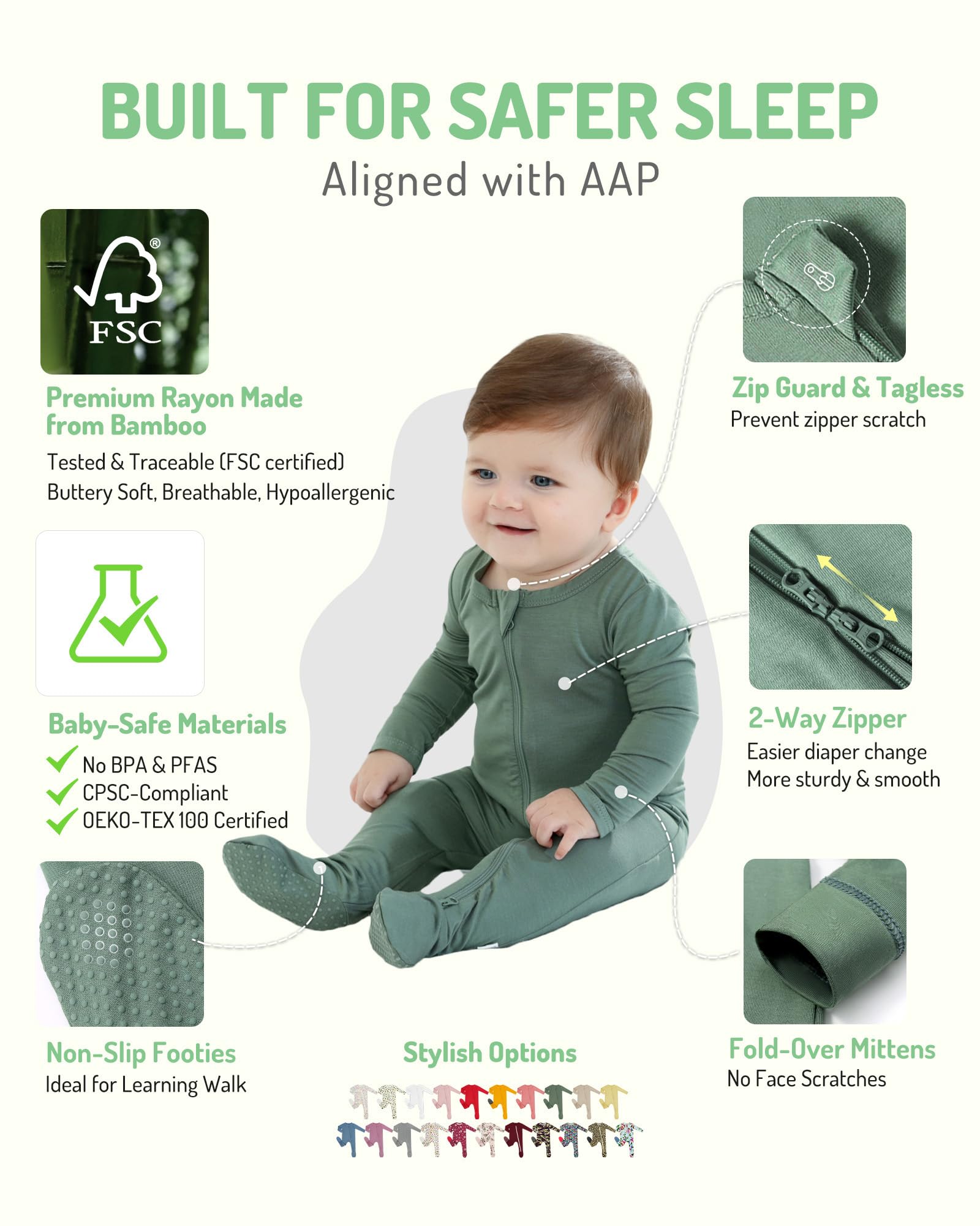 HAPIU Rayon from Bamboo Baby Footed Pajamas, 2 Way Zipper YKK, Footie for Baby Boy Girls, Newborn-24 Months, 2-Pack, Light Heather Grey&Dark Forest Green, Newborn